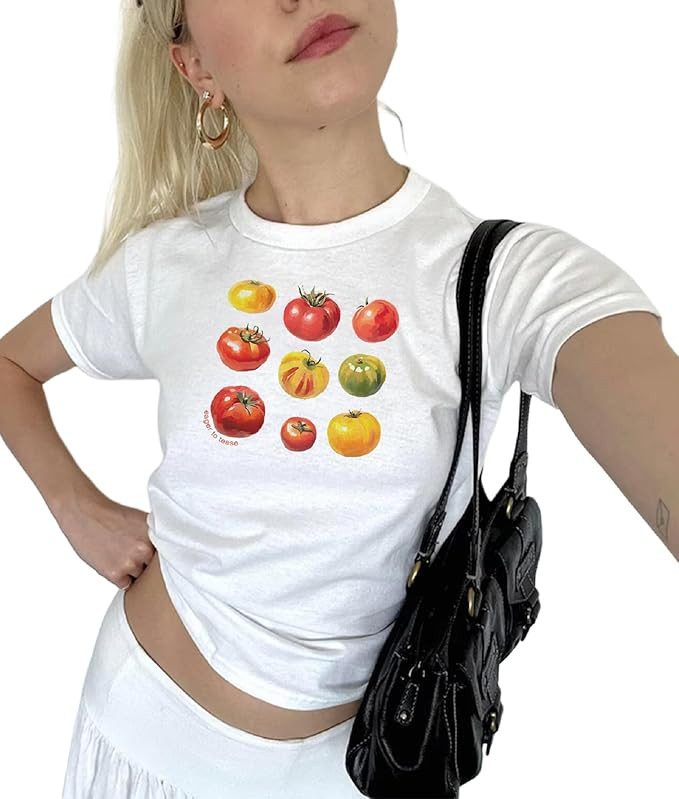 Women Y2k Print Baby Tees Cute Fruit Graphic Short Sleeve Crop Top Bow Printed Teen E Girl Aesthe... | Amazon (US)