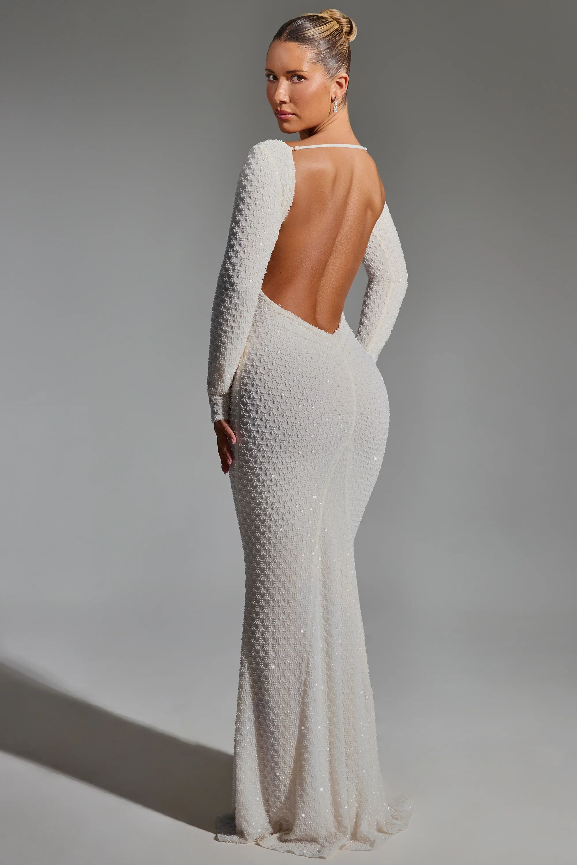 Embellished Open-Back Gown in White | Oh Polly