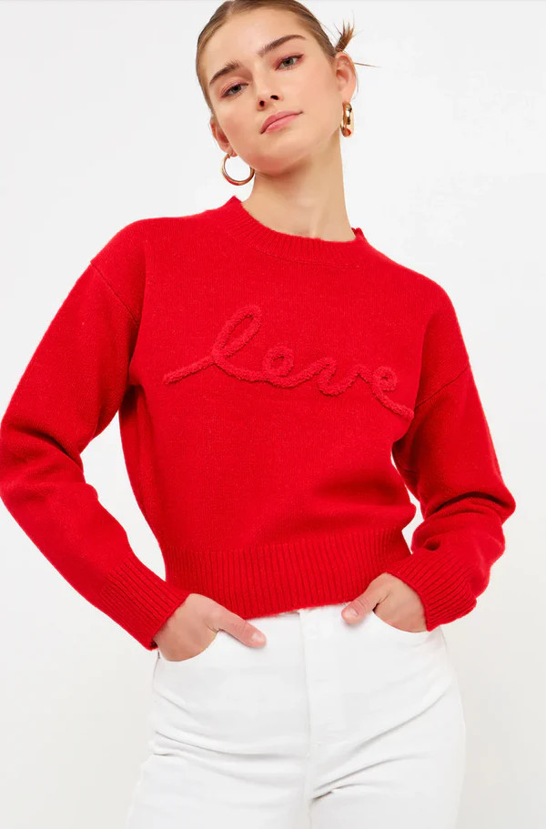 LEXI LOVE CHENILLE  EMBROIDERED PLUSH SWEATER  IN RED | Indigeaux Denim Bar & Boutique