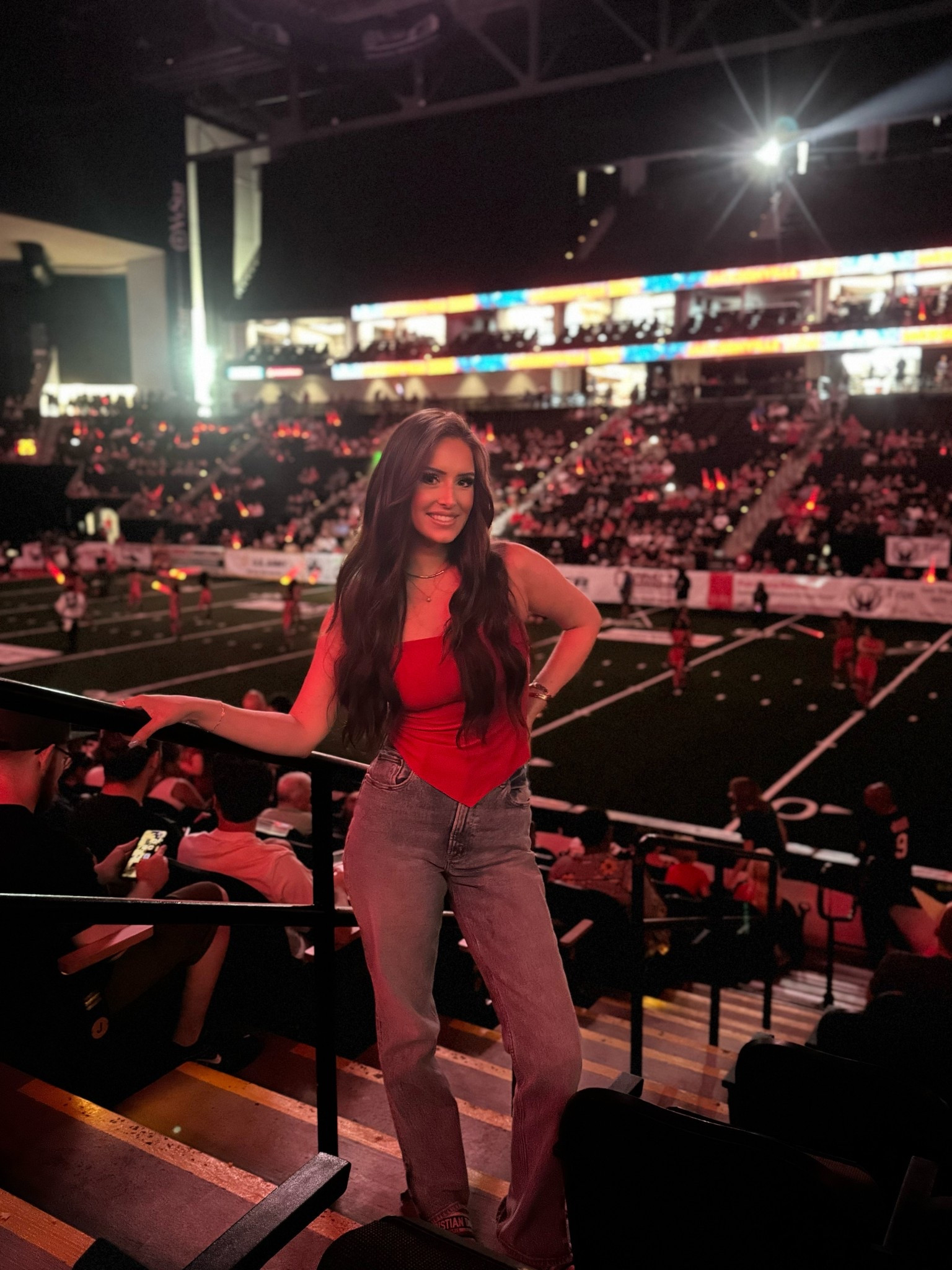 Abercrombie wide leg Jean and red bandana top. Arena football game outfit. Sports outfit 

#LTKStyleTip