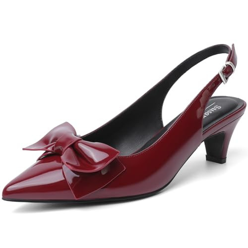 Susanny Burgundy Slingback Kitten Bow Heels for Women Dress Shoes Low Sexy Heel Closed Pointed Toe Elegant Wedding Pumps Party Evening Prom Dance Ankle Strappy Comfortable Shoes 9.5 | Amazon (US)