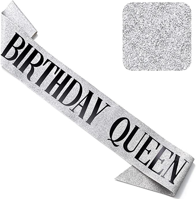 CORRURE 'Birthday Queen' Sash Glitter with Black Foil - Silver Glitter Happy Birthday Sash for Wo... | Amazon (US)
