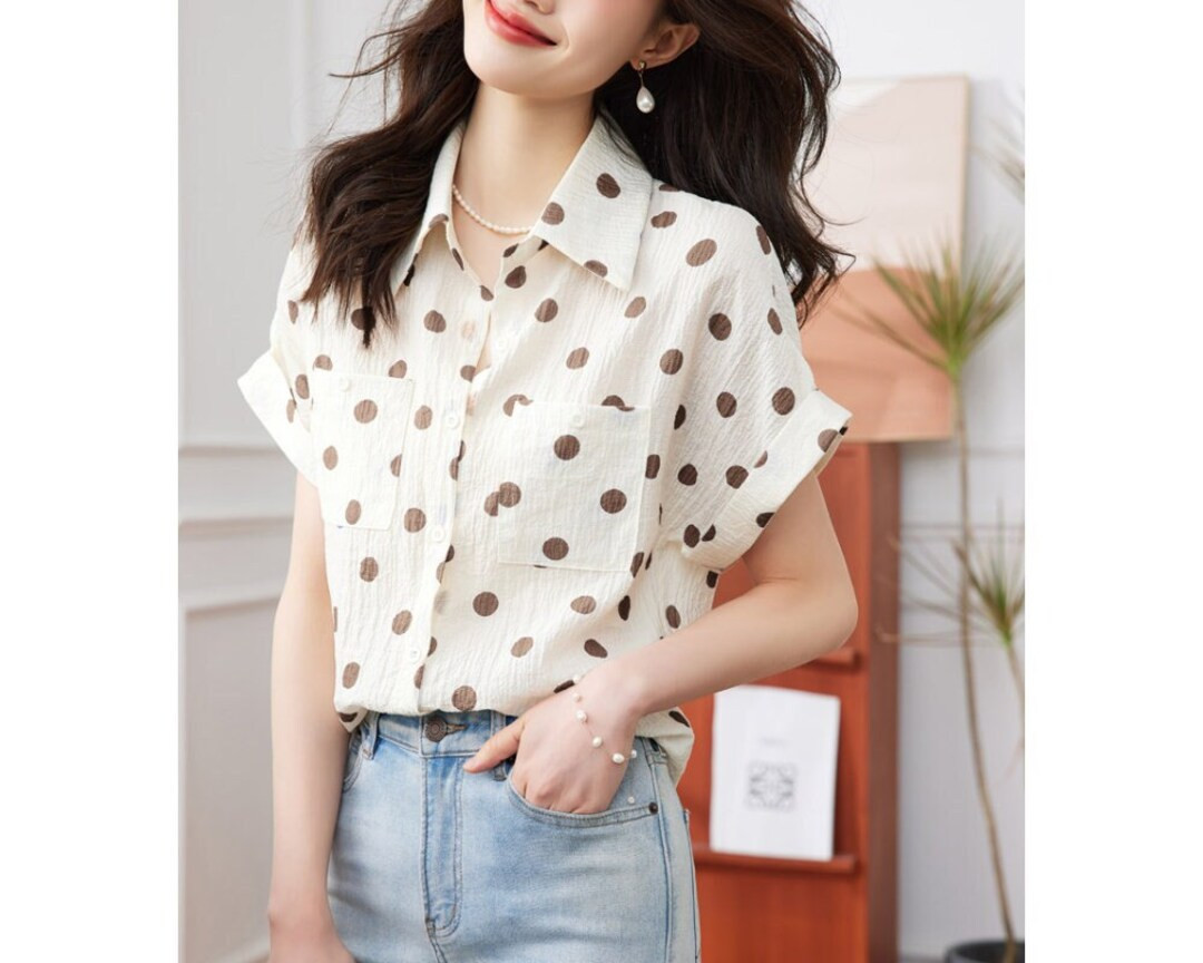 Womens Button Down Shirts Polka Dot Classic Short Sleeve Collared Office Work Blouses Tops With P... | Etsy (US)