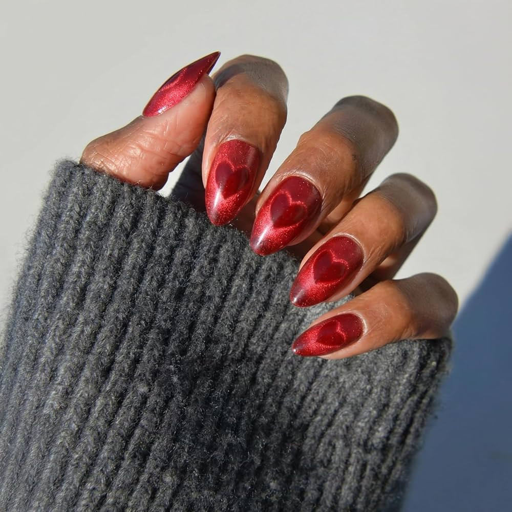 Glamnetic Press On Nails - Sent With Love | Short Almond Fake Nails in Bright Red with Cat-Eye Ma... | Amazon (US)