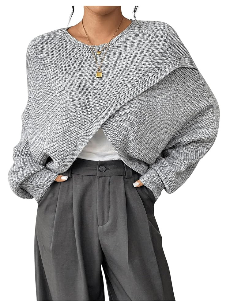 Verdusa Women's Lightweight Asymmetrical Wrap Sweater Tops Old Money Puff Sleeve Cropped Sweaters... | Amazon (US)