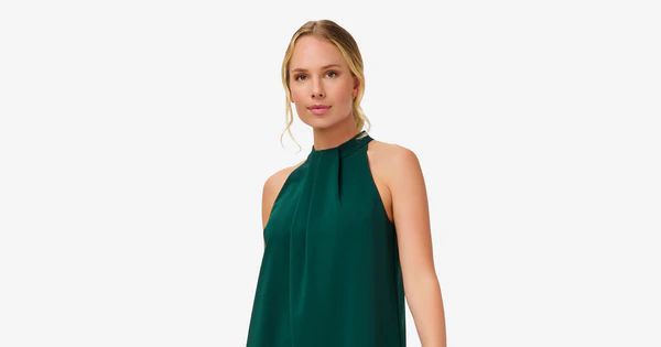Feather Trimmed Crepe Short Cocktail Trapeze Halter Dress In Forest | Adrianna Papell