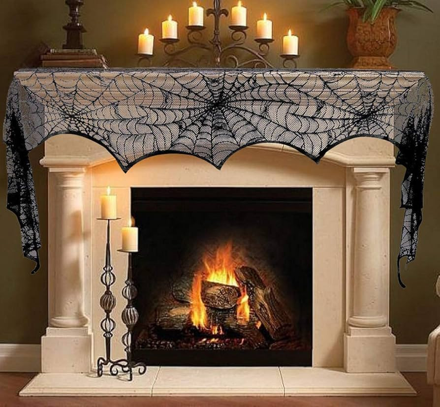 Halloween Decoration Black Lace Spiderweb Fireplace Mantle Scarf Cobweb Cover Festive Party Suppl... | Amazon (CA)