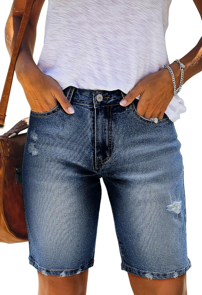 CHICZONE Womens Bermuda Jean Shorts Stretchy Mid Waisted Denim Shorts with Pockets | Amazon (US)
