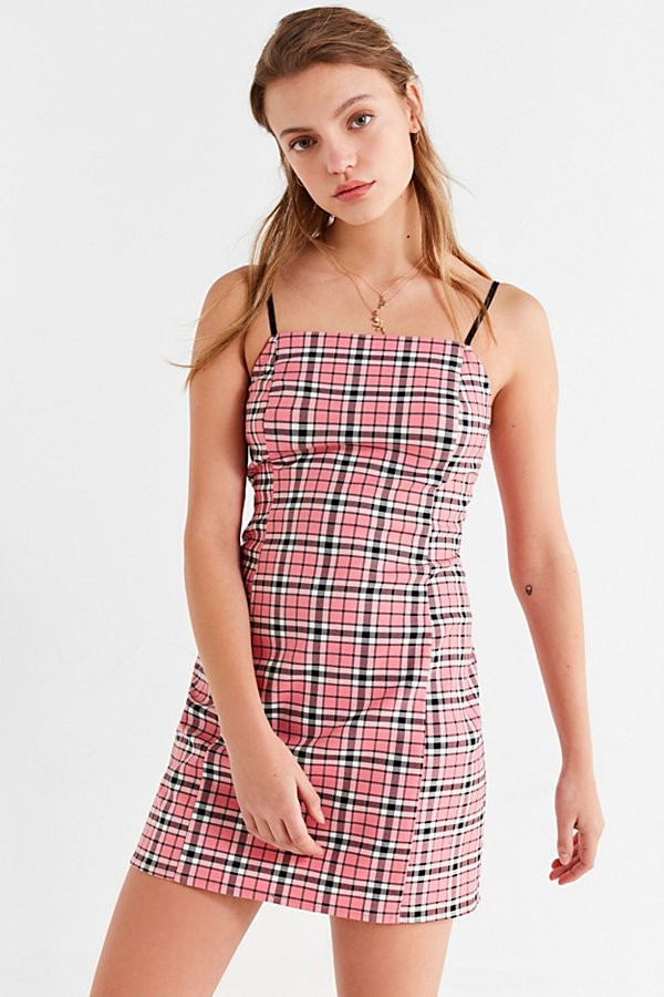 UO Checkered Mini Slip Dress - Pink S at Urban Outfitters | Urban Outfitters (US and RoW)
