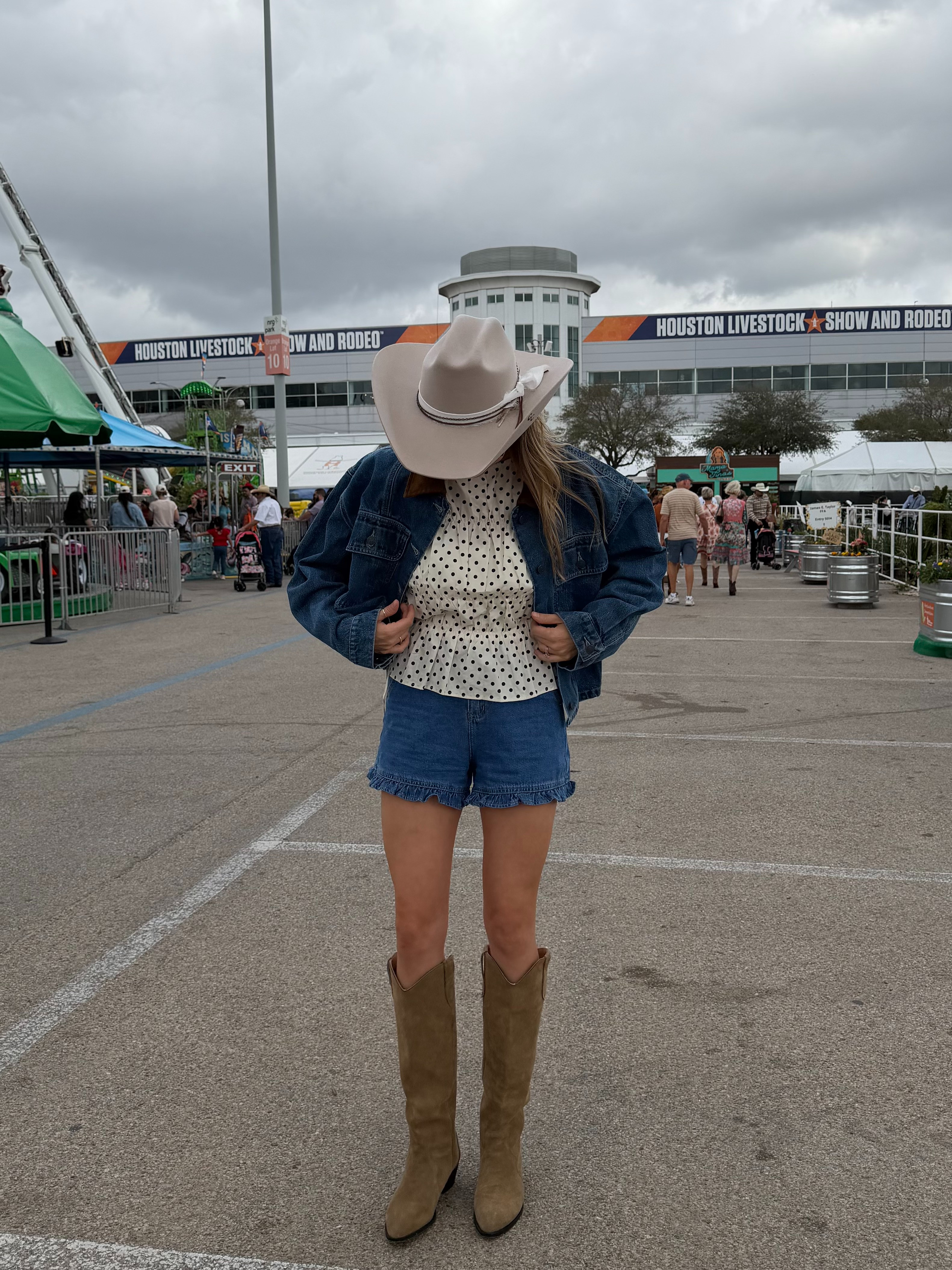 Western outfit perfect for a country concert or rodeo! S in polkda dot top, L in denim jacket, 2 in jean shorts. Size up .5 in cowboy boots! 

 #LTKootd #LTKSeasonal