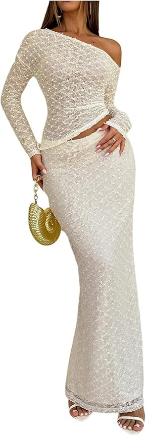 MakeMeChic Women's 2 Piece Fall Outfits Long Sleeve Asymmetrical Tops and Bodycon Maxi Skirt Matc... | Amazon (US)