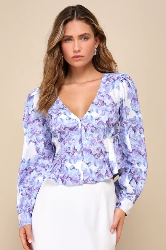 Amazing Aesthetic White and Blue Floral Print Long Sleeve Top | Lulus