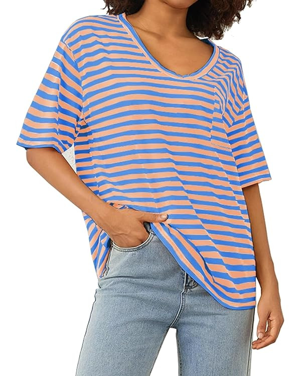 Women Oversized Striped T-Shirts Deep V Neck Short Sleeve Shirt Casual Loose Fit Summer Basic Tee... | Amazon (US)