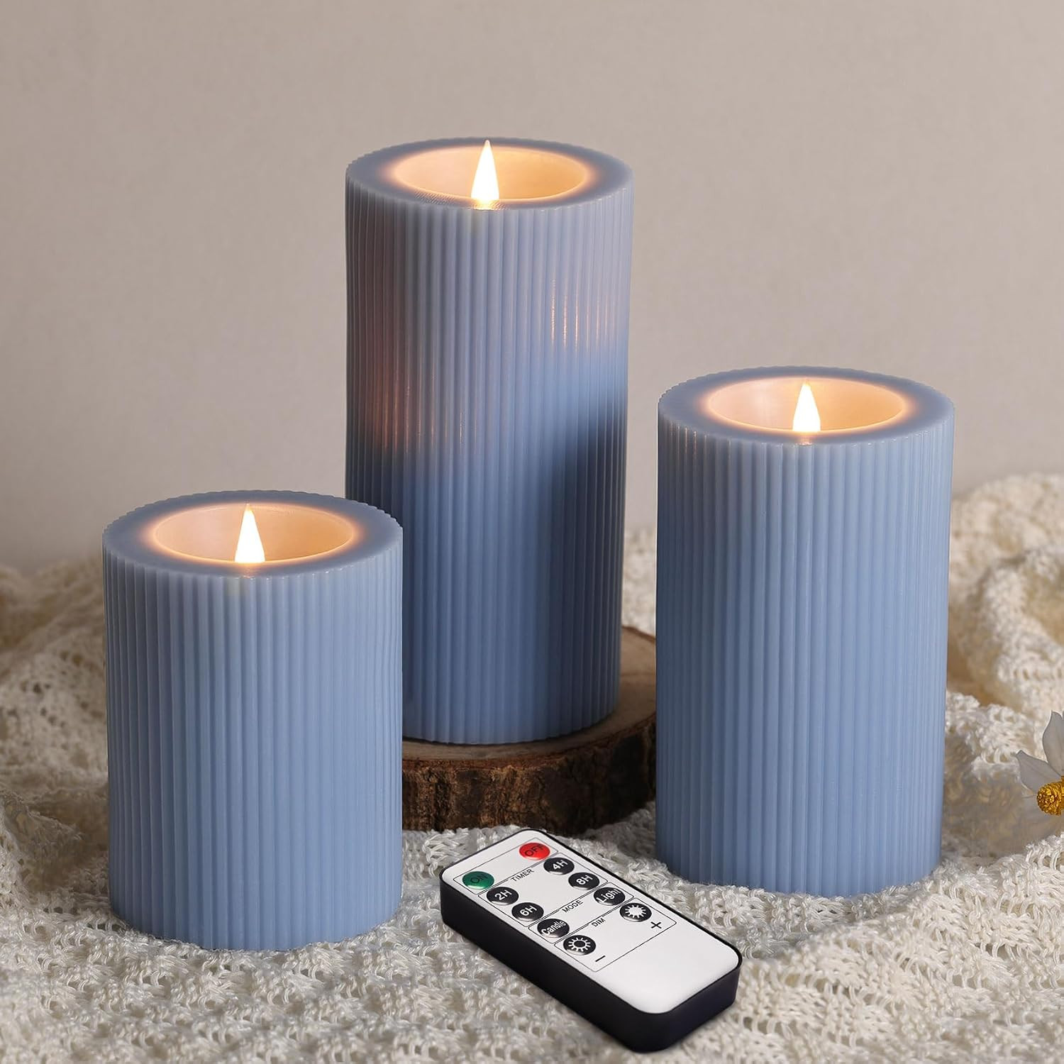 Dusty Blue Ribbed Moving Flame LED Pillar Candles with Remote | Amazon (US)