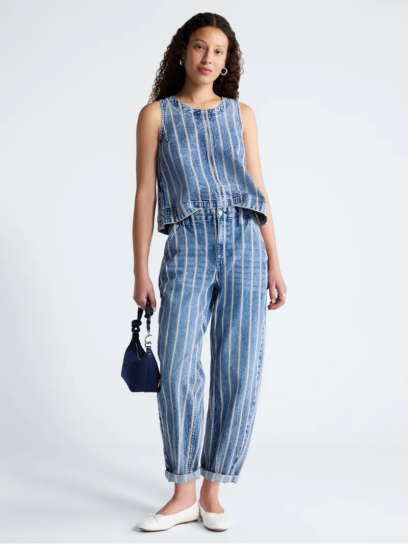 Free Assembly Women's Striped High Rise Cropped Barrel Jeans, 26" Inseam, Sizes 0-16 - Walmart.com | Walmart (US)