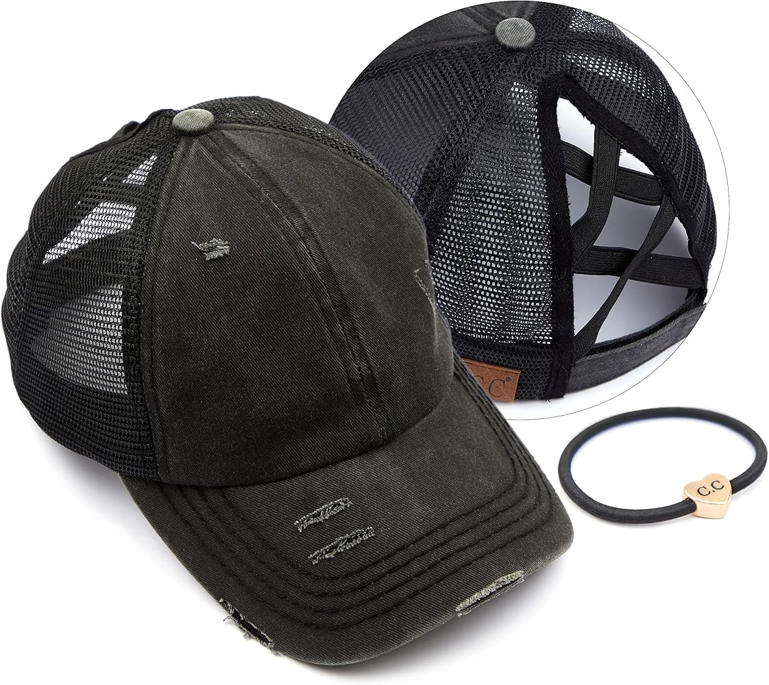 C.C Exclusives Washed Distressed Cotton Denim Criss-Cross Ponytail Hat Baseball Cap Bundle Hair T... | Amazon (US)