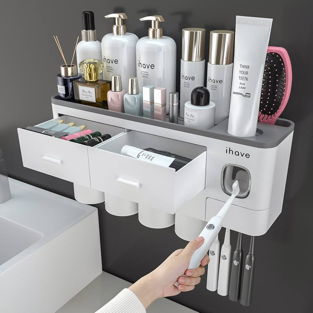iHave Toothbrush Holders for Bathrooms, 4 Cups Toothbrush Holder Wall Mounted with Toothpaste Dis... | Amazon (US)