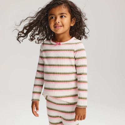Toddler Girls' Striped Ribbed Long Sleeve T-Shirt - Cat & Jack™ Olive/Pink 4T | Target