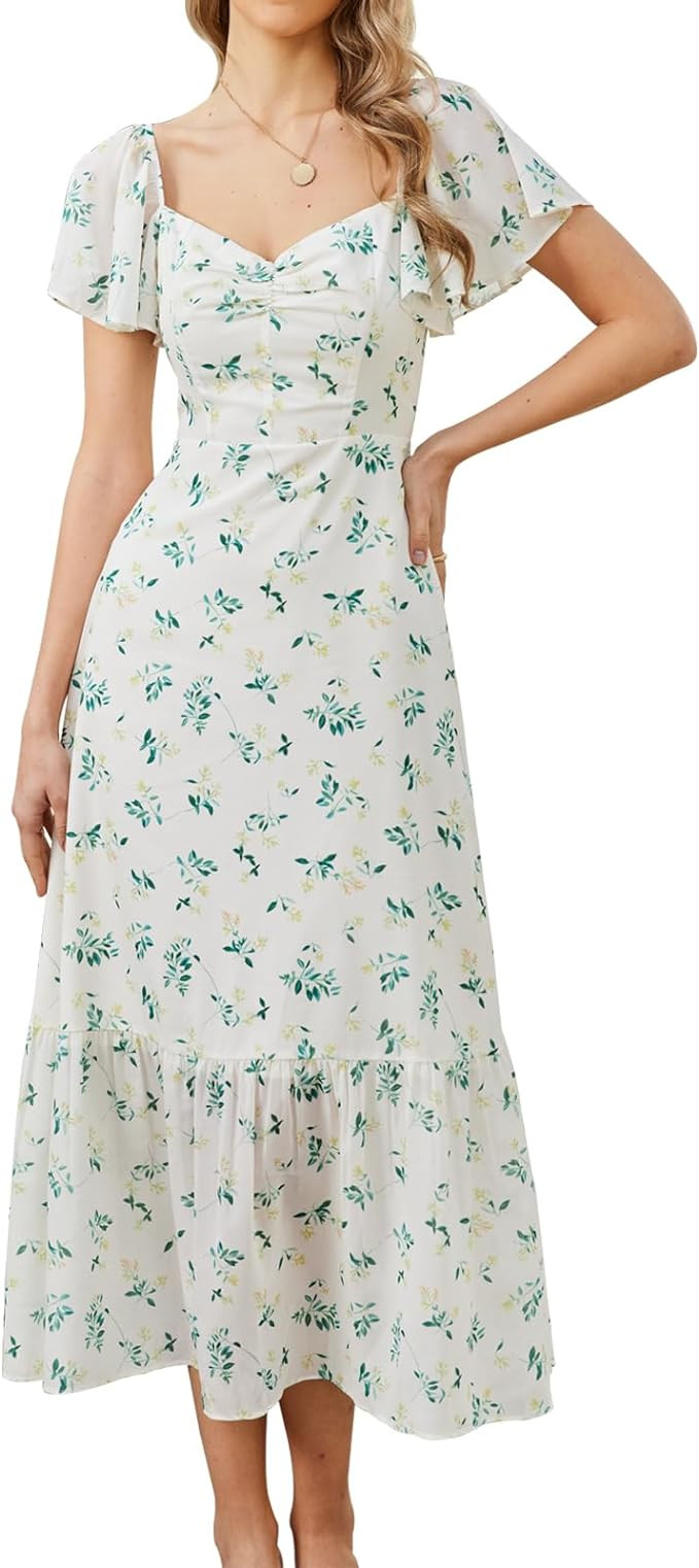 GLNEGE Women's 2026 Summer Midi Floral Boho Dresses Casual Flowy Beach Short Sleeve Dress Ruffle ... | Amazon (US)