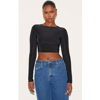 Black Basic Slinky Long Sleeve Crop Top, Black | PrettyLittleThing UK