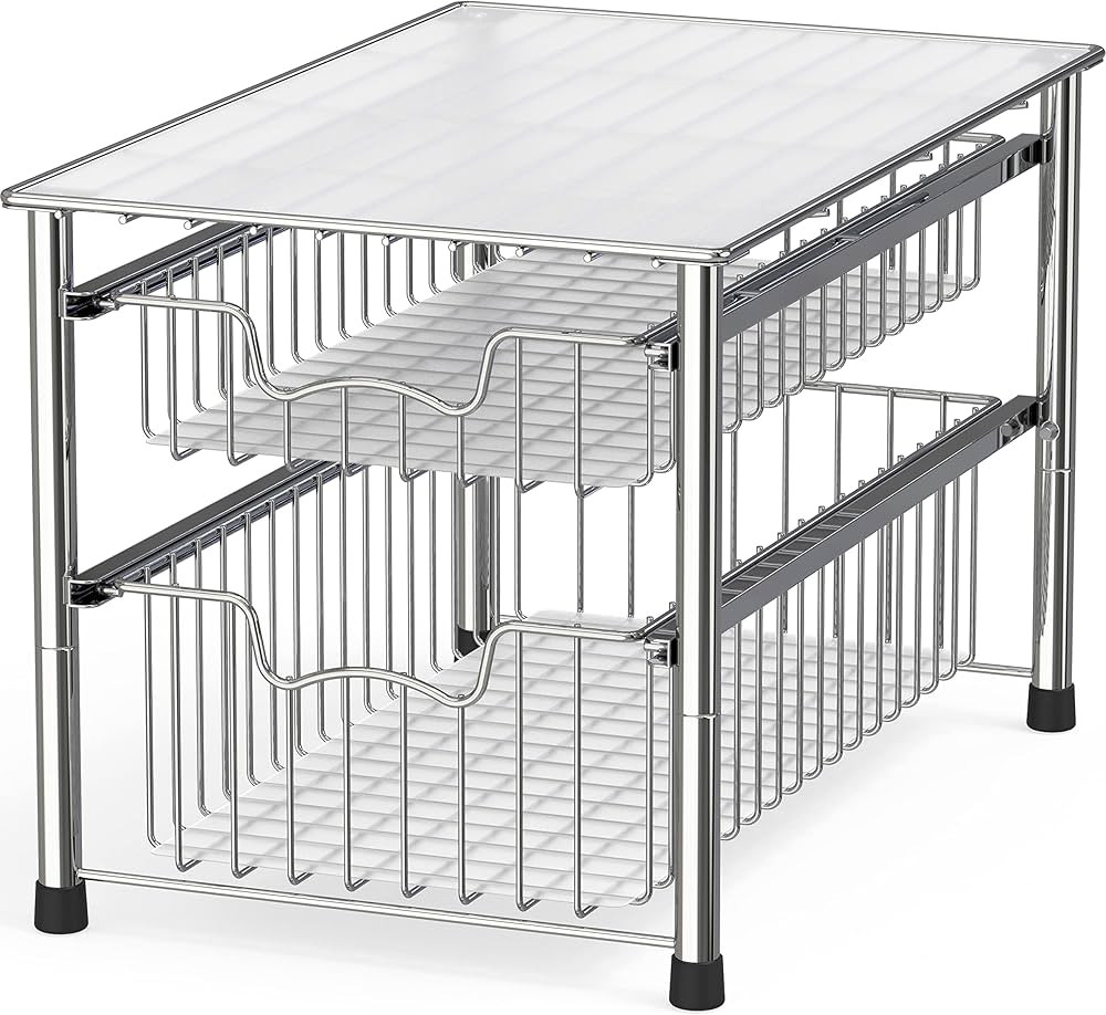 SimpleHouseware Stackable 2 Tier Sliding Basket Organizer Drawer, Chrome | Amazon (US)
