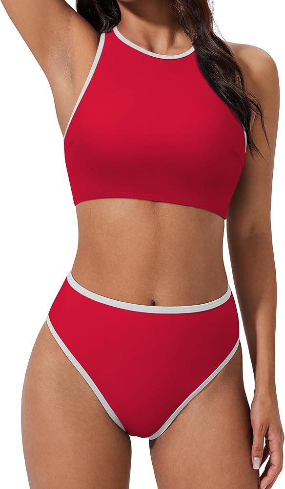 SUUKSESS Women High Waisted Bikini Sets High Neck Sporty Two Piece Swimsuits | Amazon (US)
