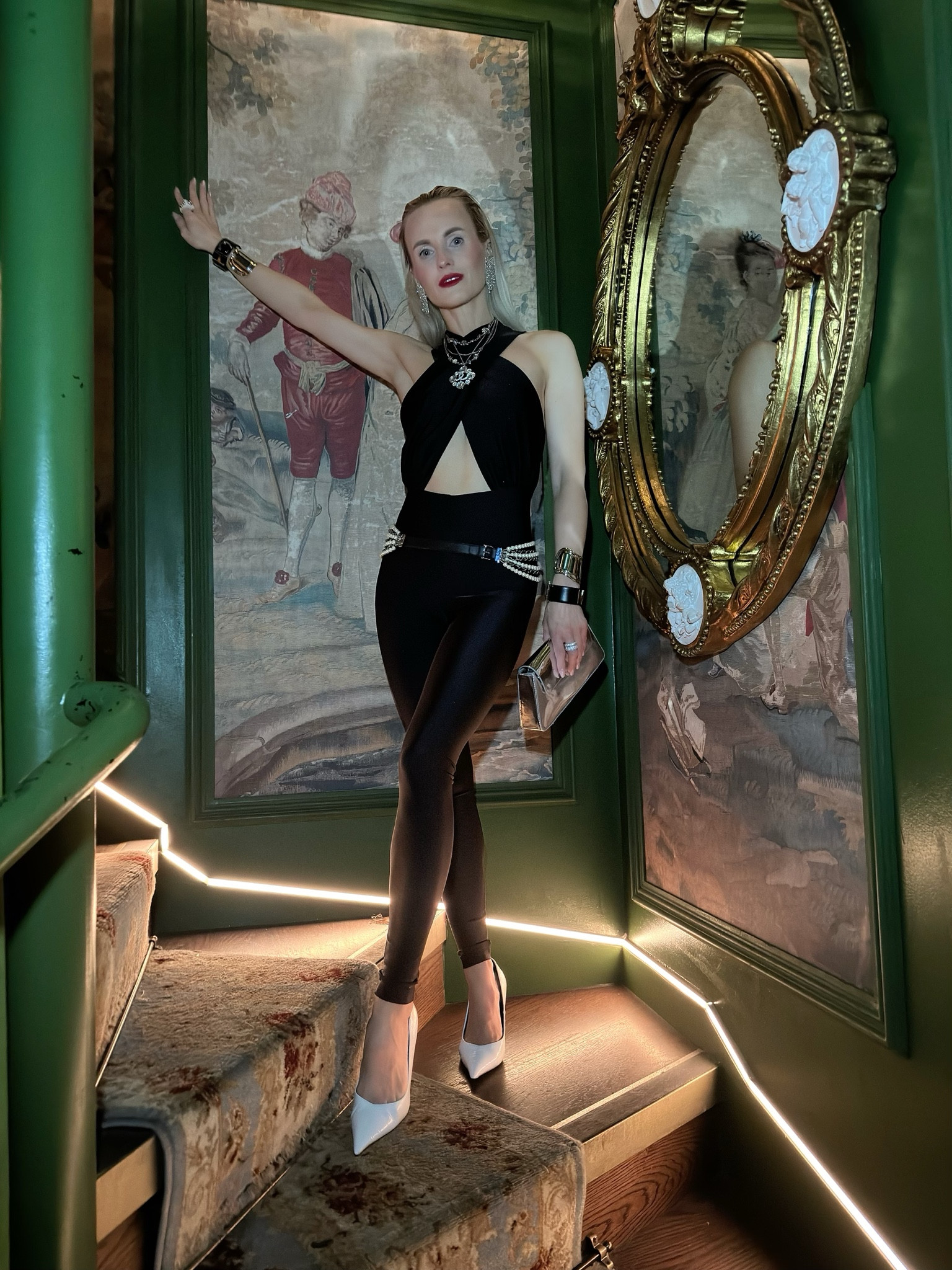 Night out look!!

Revolve crystal earrings, Chanel Coco Rouge red lipstick, Chanel necklace, The Andamane black halterneck jumpsuit, Chanel belt and leather cuffs, Etsy vintage silver cuffs, Zara silver clutch, Revolve white heels.

#LTKstyletip #LTKpartywear #LTKeurope