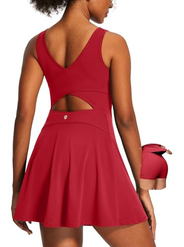 Heathyoga Athletic Dress for Women Easy Peasy Tennis Dress with Shorts Underneath Workout Active Golf Dresses for Women Ruby Red X-Small | Amazon (US)