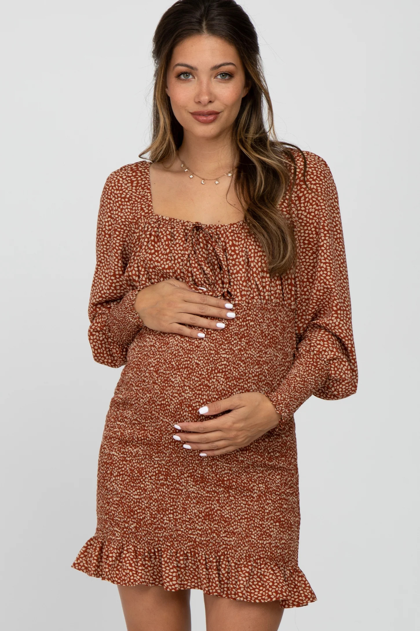 Rust Leaf Print Smocked Maternity Dress | PinkBlush Maternity