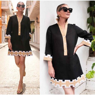 Tuckernuck X Atlantic Pacific Collier Black and TanLinen Shirt Dress Size L | eBay US