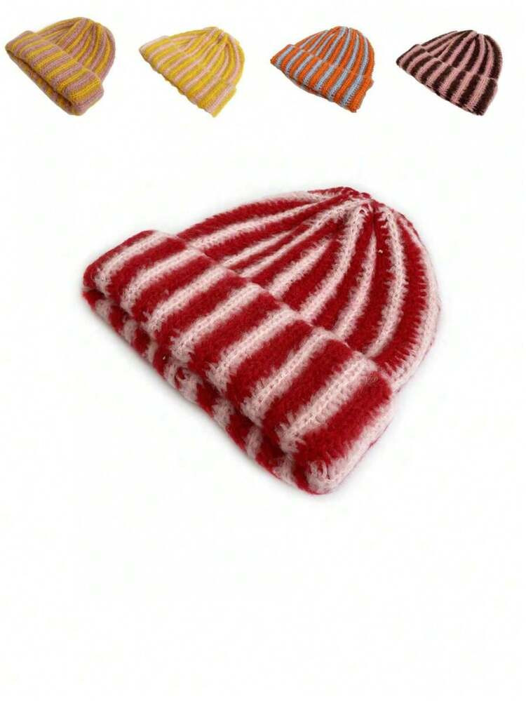 1pc Stylish Contrast Color Striped Knit Beanie Hat, Warm Reversible Cuff Unisex Autumn/Winter | SHEIN