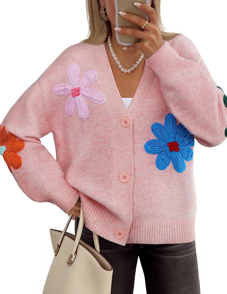 ZESICA Womens 2026 Spring Floral Cardigan Sweaters Casual Long Sleeve Open Front Button Down V Ne... | Amazon (US)