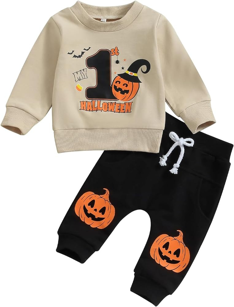 YOKJZJD My First Halloween Baby Boy Outfit Pumpkin Letter Sweatshirt Long Sleeve T-Shirt Pants Se... | Amazon (US)