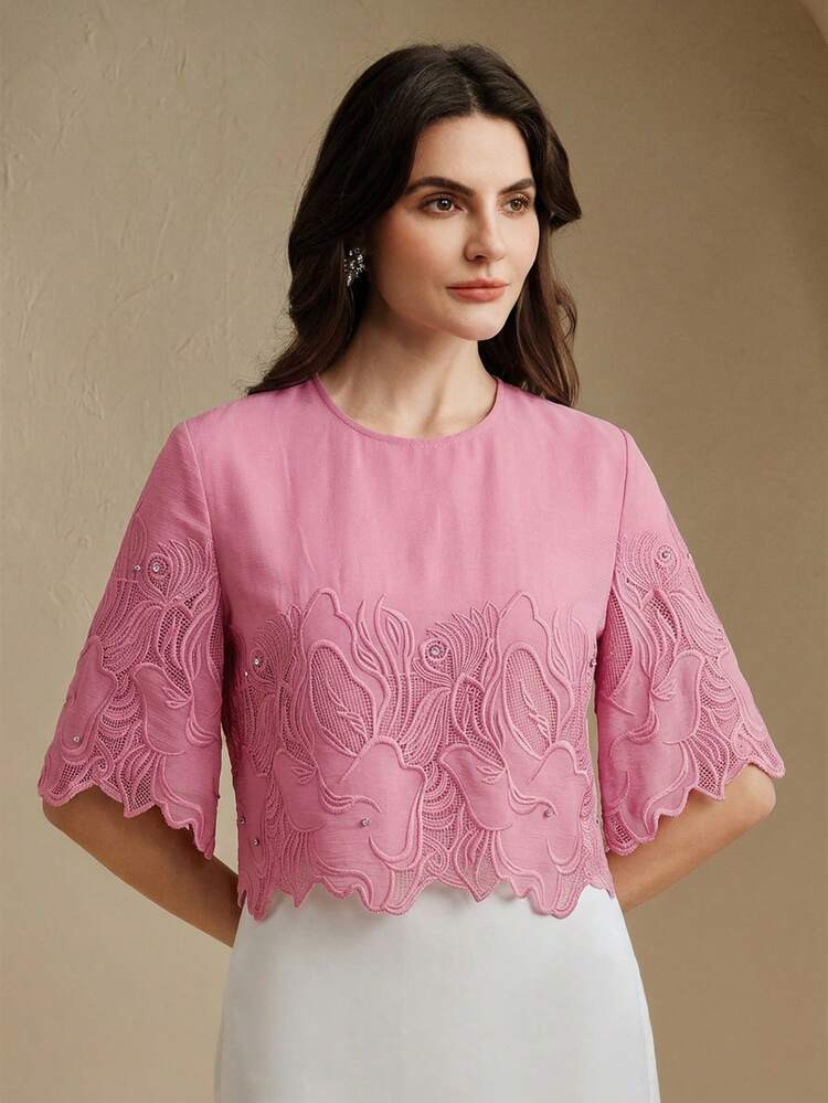 Anewsta New Arrival Spring/Summer Elegant Solid Color Embroidered Sheer Rhinestone Decor Round Neck Sleeveless Blouse For Women | SHEIN