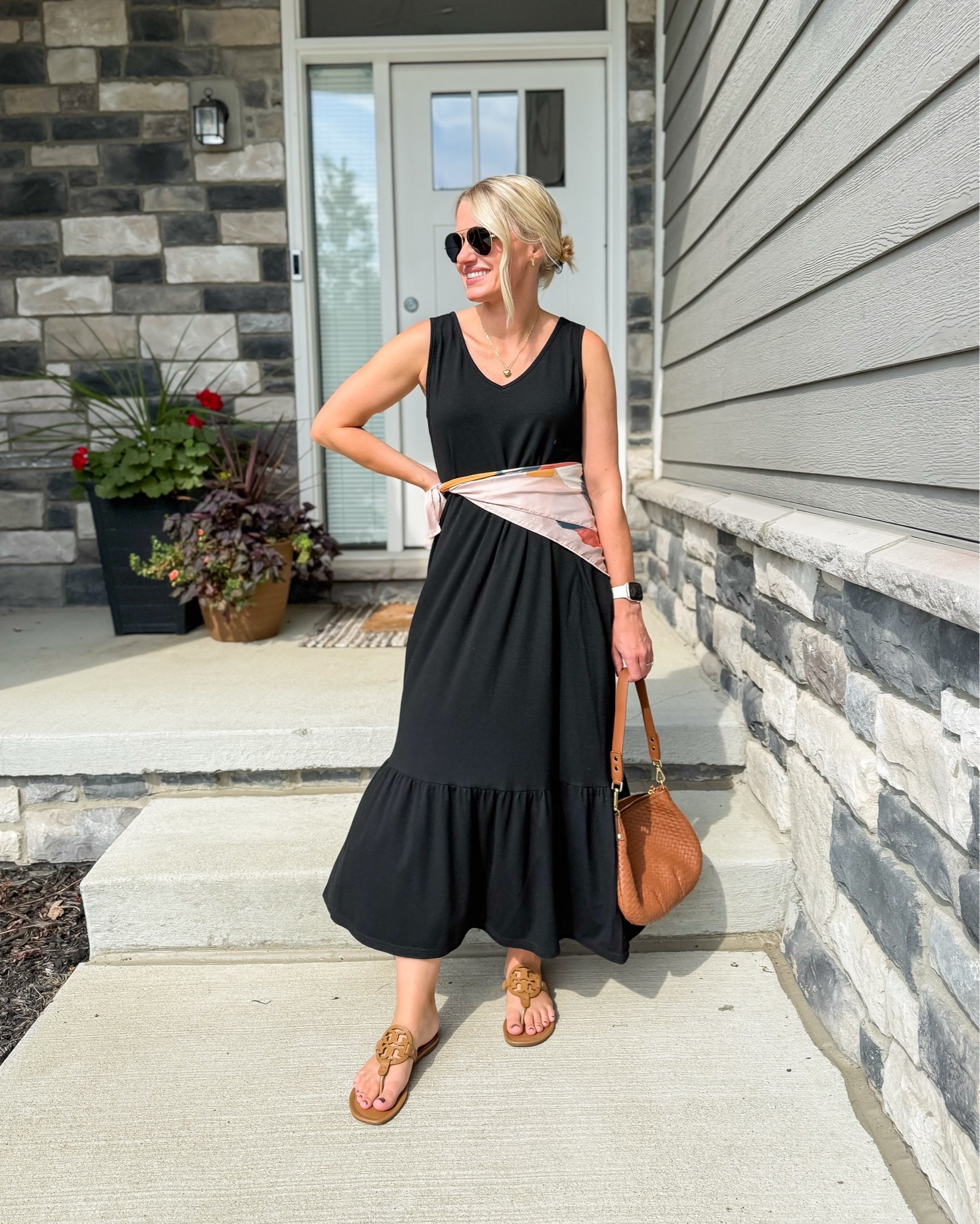 I have been experimenting with my scarf. It was so hot one day, so the scarf was the perfect way to accessorize this simple black dress.

#LTKootd #LTKPetite #LTKOver40