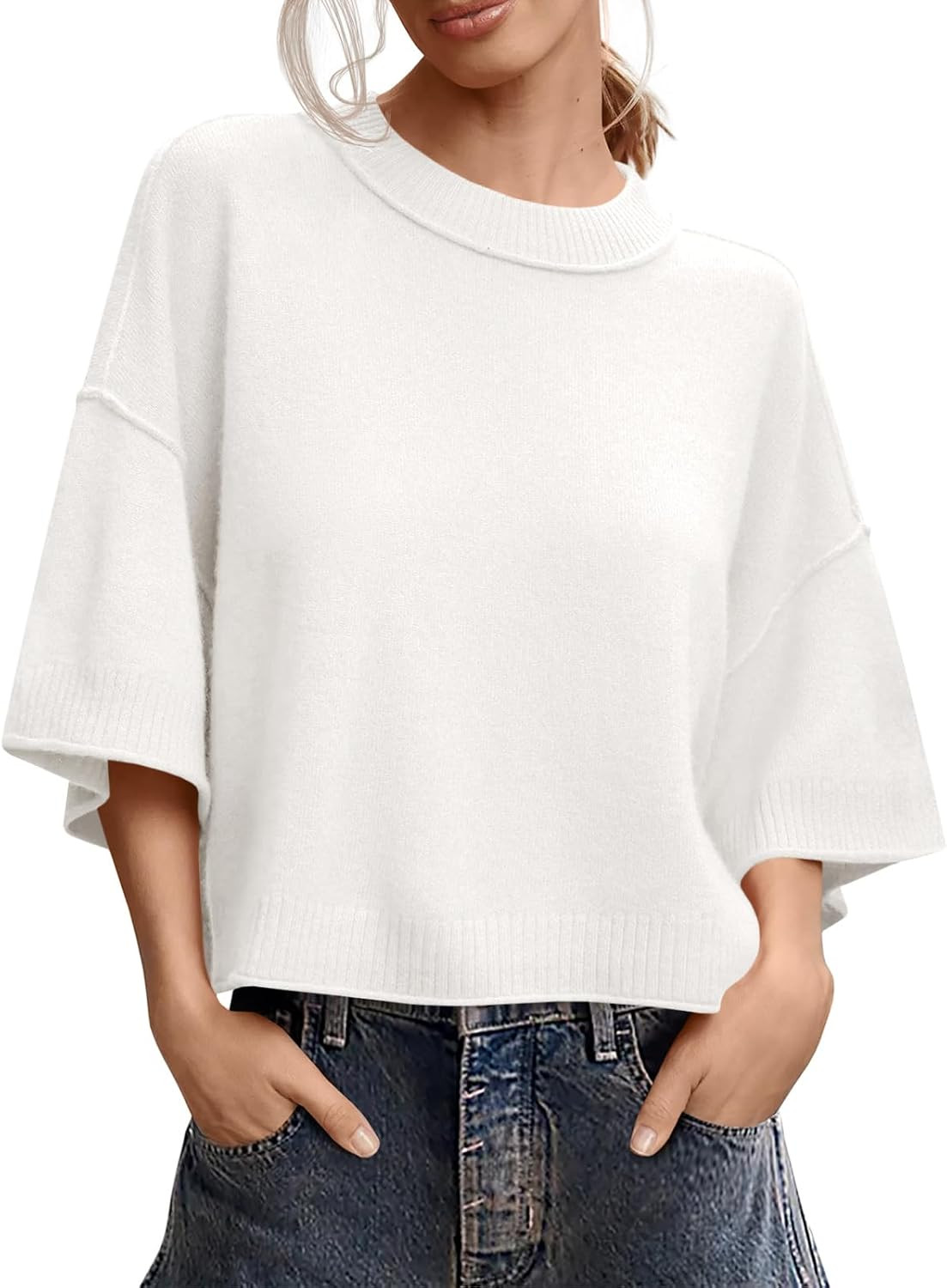 Saodimallsu Womens Short Sleeve Sweater Oversized Cropped Sweaters Knit Top | Amazon (US)