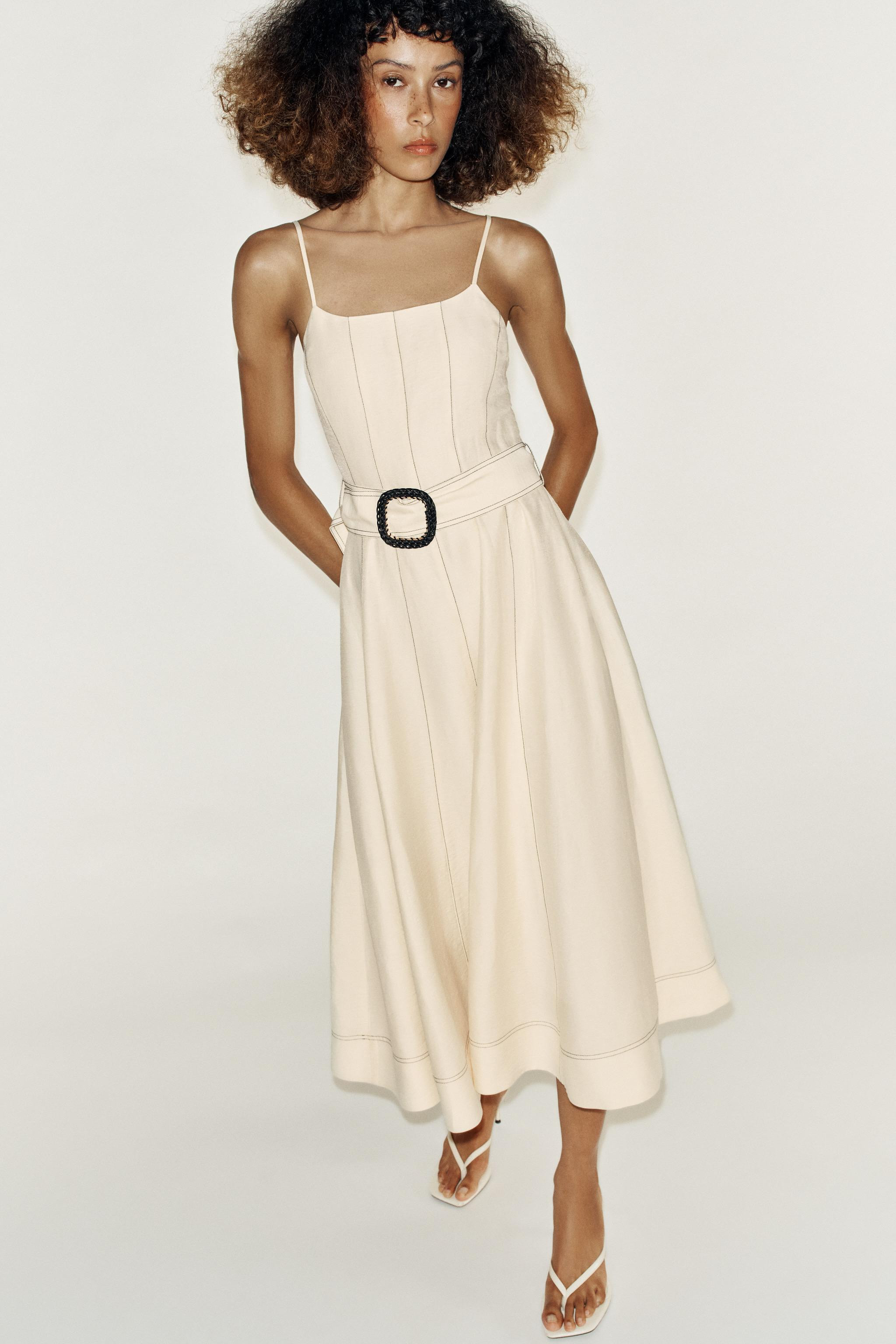 LINEN MIDI DRESS WITH CONTRAST STITCHING AND BELT | Zara US