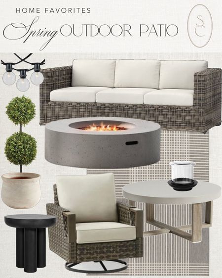 Spring outdoor patio finds include outdoor sofa, outdoor accent chair, coffee table, candle hurricane, outdoor rug, side table, topi dark, planter, and string lights.

Home decor, patio decor, patio finds, outdoor entertaining, spring finds

#LTKSeasonal #LTKhome #LTKstyletip