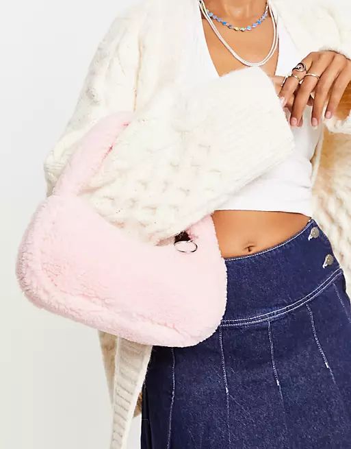 Monki teddy faux fur shoulder bag in light pink | ASOS (Global)