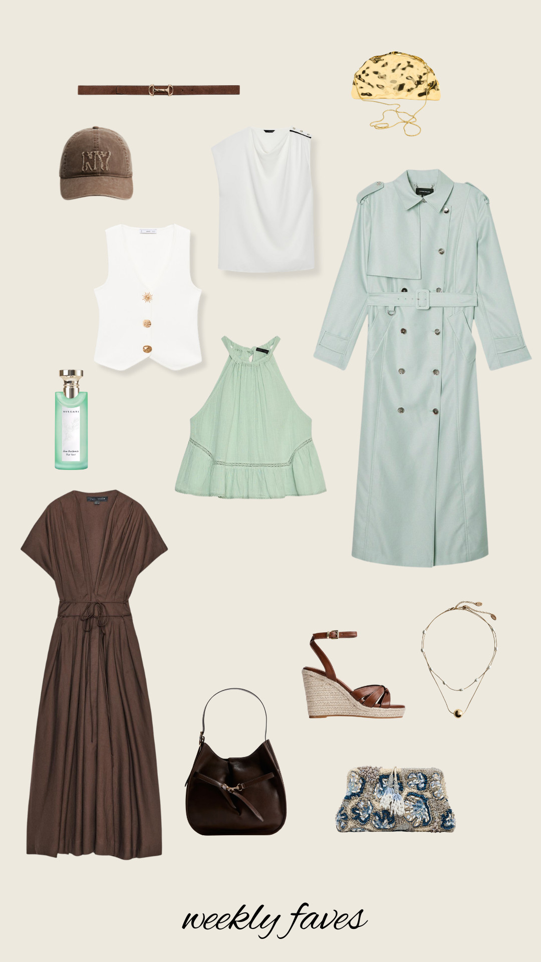 H&M, Zara, Mango, Gold Clutch, Brown Belt, White Waistcoat, Embroidered Gauze Top, Trench Coat, Brown Dress, Midi Dress, Espadrille Heels, Brown Bag, Necklace, Beaded Clutch, Cap, Perfume, Bvlgari  

 #LTKuk #LTKsummer #LTKautumn