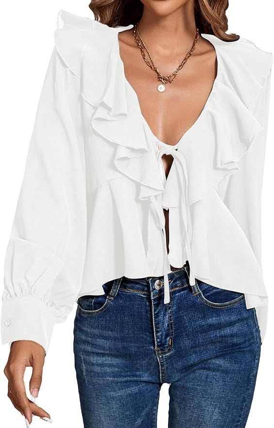 LYANER Women's Solid Deep V Neck Long Sleeve Crop Top Tie Front Chiffon Ruffle Hem Blouse Shirt | Amazon (US)