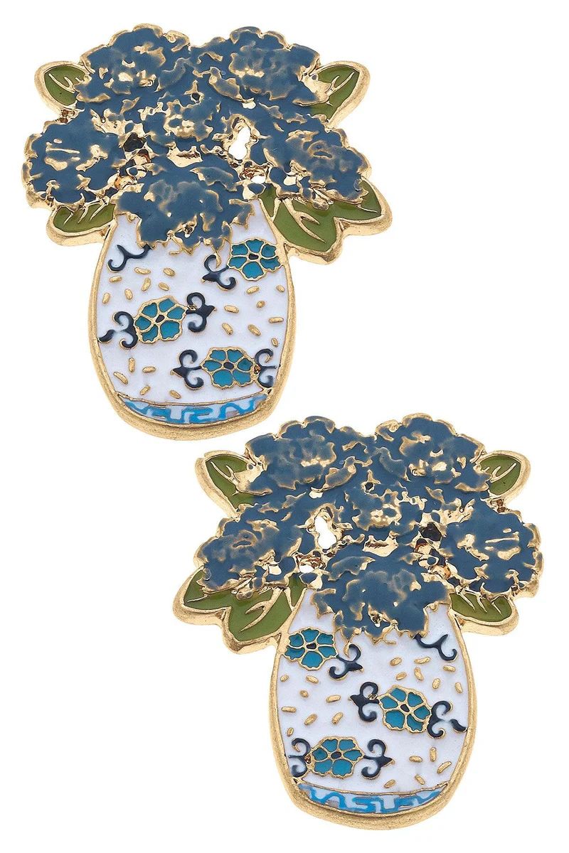 Sofia Enamel Hydrangea Ginger Jar Stud Earrings in Blue & White | CANVAS