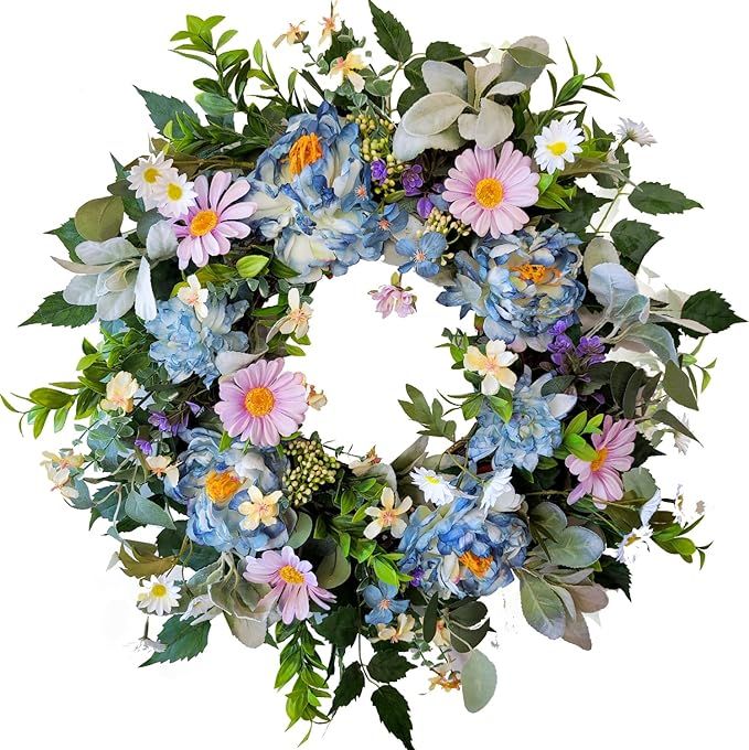 WANNA-CUL 22 Inch Spring Wreath for Front Door Decor with Watercolor Blue Peony Floral and Pink D... | Amazon (US)