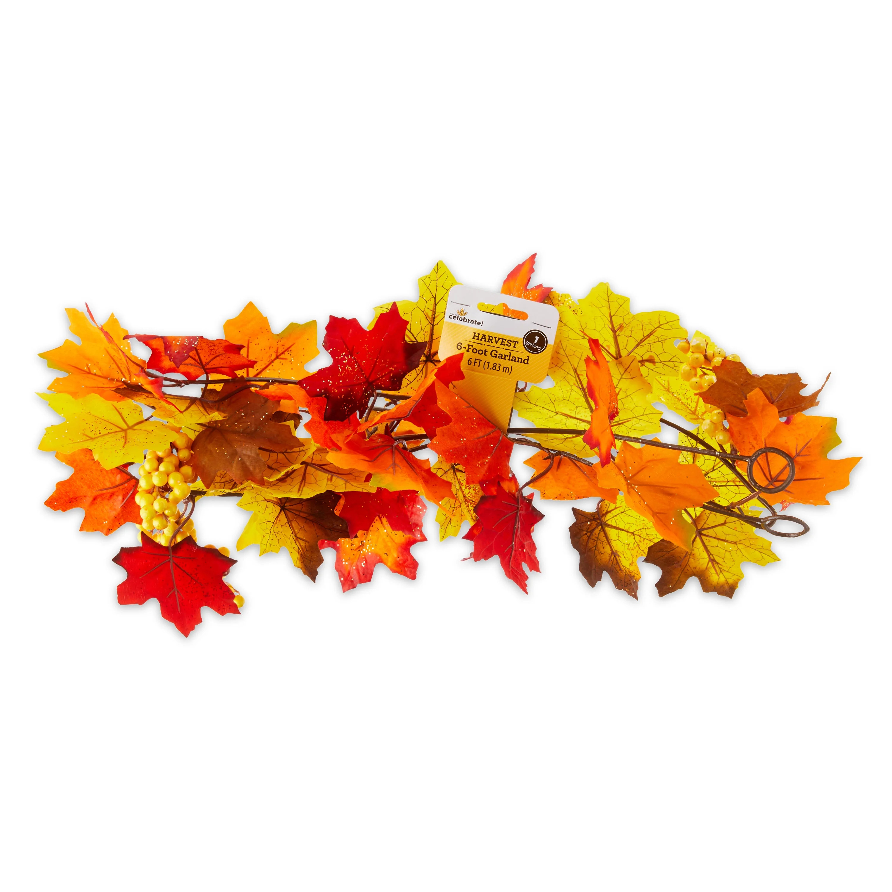 Way To Celebrate Harvest 6 Feet Garland, Yellow Maple Leaf Glittered Fall Wall Decoration | Walmart (US)