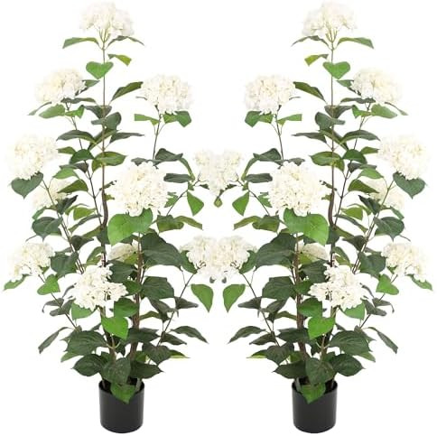 4ft Faux Hydrangea Tree Outdoor with White Flowers, 48in Artificial Hydrangea Plant with Lifelike... | Amazon (US)