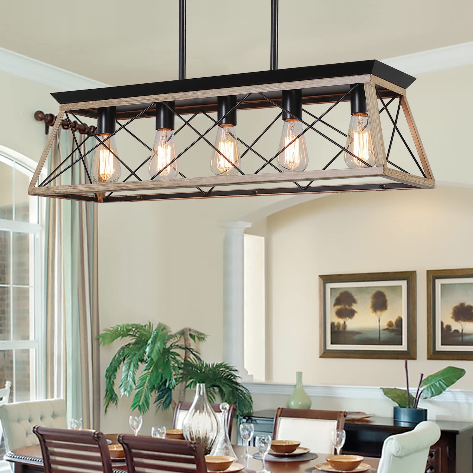 XIPUDA Farmhouse Chandeliers for Dining Room, Rustic Kitchen Island Light Fixture, 5-Light Linear... | Amazon (US)