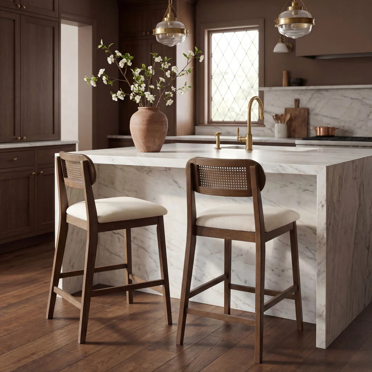 Alden 26.46" Seat Height  Modern Wabi-Sabi Rubber Wood Rattan Counter Stool with Upholstered Seat... | Wayfair North America