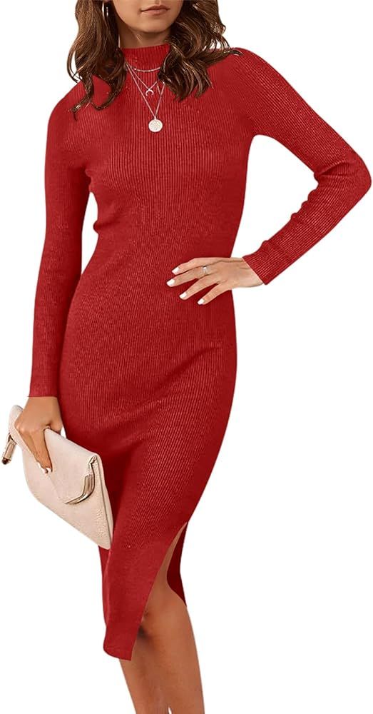 ANRABESS Women's 2023 Fall Long Sleeve Sweater Dress Turtleneck Slim Fit Ribbed Knit Slit Midi Dress | Amazon (US)