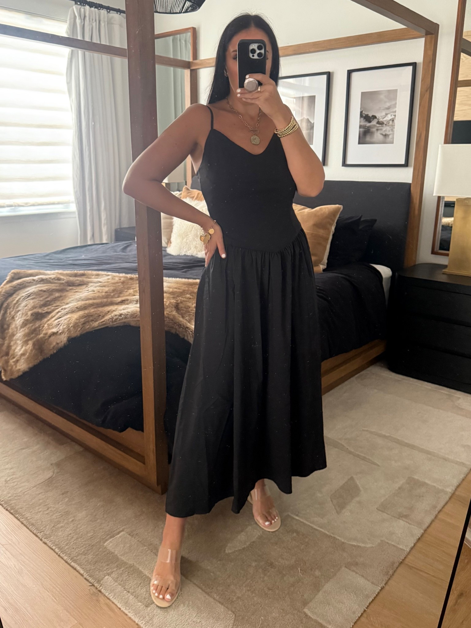 Mixed Media V-Neck Sleeveless Drop Waist Midi Dress
