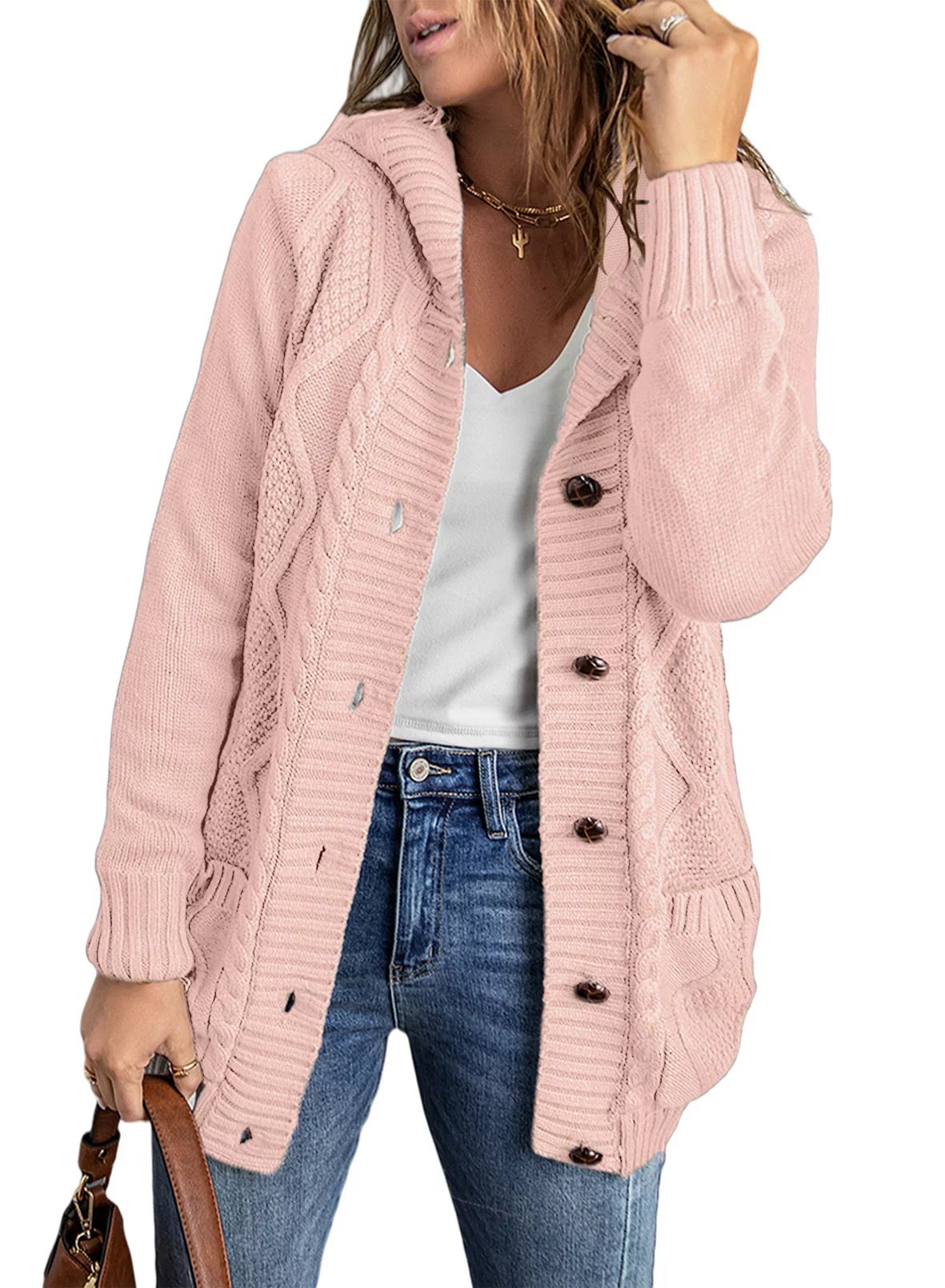 Dokotoo Women's Hooded Cable Cardigans Button Down Long Sleeve Casual Ribbed Sweater Cardigan S-X... | Walmart (US)